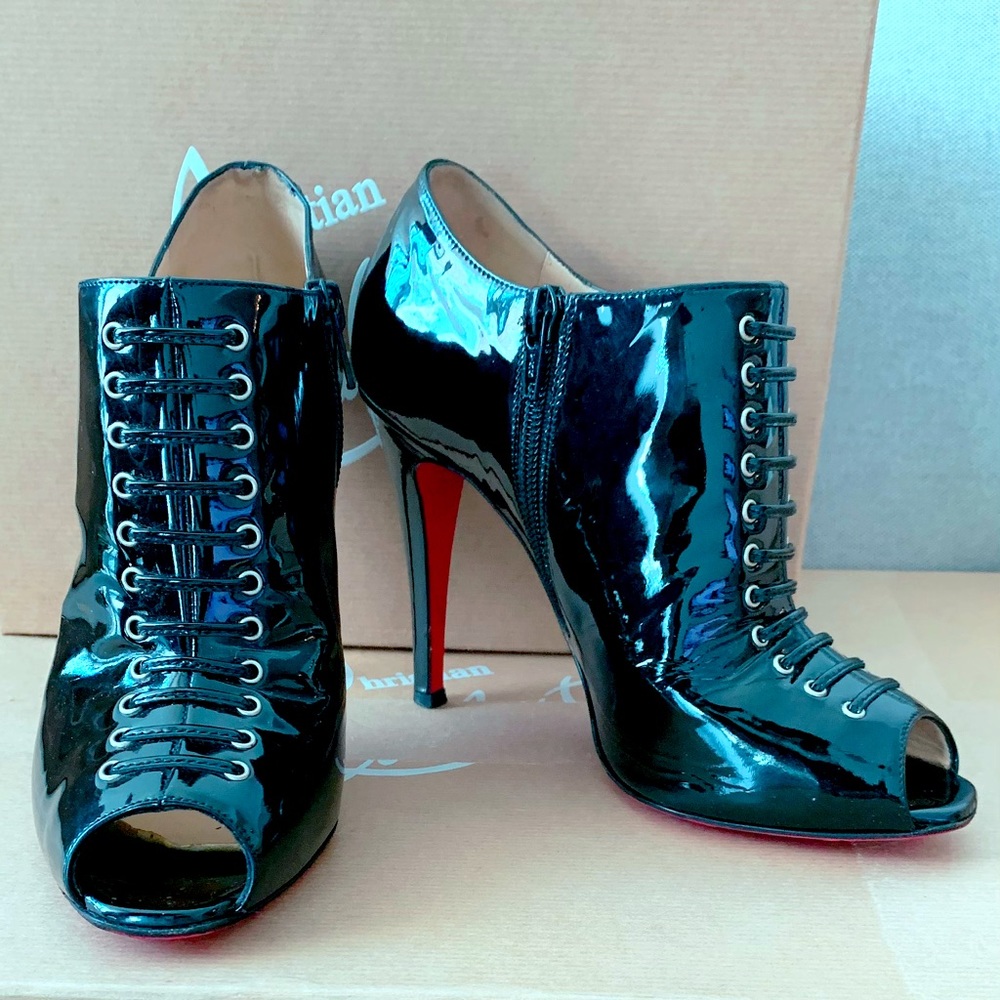 Christian Louboutin 100MM Christ Black Patent Leather Open Toe Booties 38